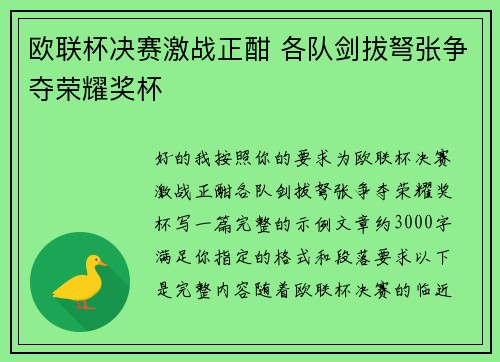 欧联杯决赛激战正酣 各队剑拔弩张争夺荣耀奖杯