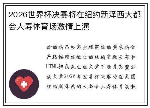 2026世界杯决赛将在纽约新泽西大都会人寿体育场激情上演