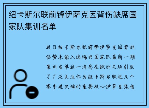 纽卡斯尔联前锋伊萨克因背伤缺席国家队集训名单